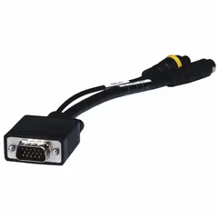 This video adapter converts a VGA male signal to an RCA female connection. It is used in applications such as connecting a VGA output from a computer or industrial equipment to an RCA input on a monitor, projector, or recording device. The adapter supports analog video signal transmission.