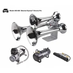 This air-powered horn kit produces a high-tone warning signal at a maximum sound level of 152 dB. It is designed for use on trucks and includes a 20 ft coiled filler hose with brass fittings. The horn features a chrome-plated silver finish.