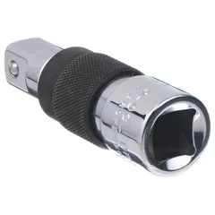 This 1/2" drive hand socket extension has a 3 in overall length and chrome finish. It features a locking mechanism for secure socket retention. Suitable for extending reach to fasteners in assembly and maintenance tasks.