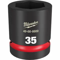 This 1" drive impact socket is designed for heavy-duty fastening and loosening of 35 mm metric nuts and bolts. The 6-point configuration provides high torque transfer while minimizing fastener rounding. Friction retention helps secure the socket on the anvil. Suitable for use with impact wrenches in industrial maintenance, construction, and automotive applications.
