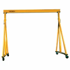 This steel gantry crane has a 10,000 lb load capacity with adjustable height from 7.1 ft to 10 ft. Rotating legs allow span adjustment for varied lifting tasks. It is mobile under load, suitable for moving heavy items in industrial settings such as factories and warehouses.