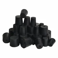 Black rubber stopper, size 13, with 2 holes. Top diameter 68 mm, bottom diameter 58 mm, overall height 25 mm. Used to seal laboratory flasks, test tubes, or bottles while allowing insertion of tubing or probes.