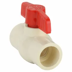 This one-piece CPVC ball valve features a straight body with socket x socket connections and a lever handle for manual operation. It is designed for use in corrosive fluid handling systems where reliable shut-off is required.
