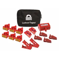 This portable lockout kit includes a plug encasing lockout, circuit breaker lockouts, hasps, and a wall switch, all stored in a small nylon bag. Designed for lockout/tagout procedures, it accommodates up to 20 lockout devices and uses keyed different padlocks for individual worker safety.