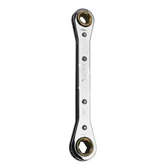 This metric double-end ratcheting box end wrench features 6-point contact and a chrome finish. With 7 mm and 8 mm head sizes, a 0° head offset angle, and a 4 1/4 in overall length, it is suited for turning fasteners in confined spaces where swing arc is limited.