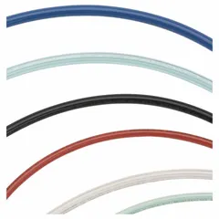 Metric polyurethane tubing with 2.5 mm inner diameter and 4 mm outer diameter, 25 ft length, transparent blue. Hardness Shore A 90 to 95, maximum operating pressure 190 psi at 180°F. Suitable for pneumatic and fluid transfer in automation and instrumentation.