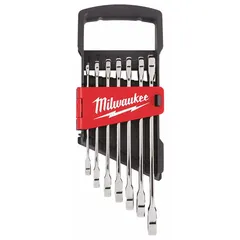 This 7-piece metric 12-point ratcheting combination wrench set includes sizes from 8 mm to 17 mm. The wrenches feature a chrome finish and a 12-point ratcheting box end for efficient fastener tightening and loosening. Suitable for general assembly, maintenance, and repair tasks.