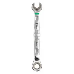 This SAE spline ratcheting combination wrench is constructed from alloy steel with a nickel chrome finish. It features a 1/2-inch head size and a 6 5/8-inch overall length with an offset design. The ratcheting mechanism allows for faster fastener turning without repositioning, and the offset head improves access in confined spaces. Suitable for tightening or loosening fasteners in maintenance, assembly, and repair tasks.