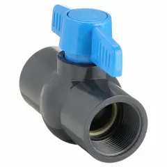 PVC straight ball valve with 1-1/4 in female threaded ends (FIP x FIP) and full port ball port for minimal flow restriction. Tee handle allows manual on/off control. Suitable for water, chemical, or air service in industrial piping systems.