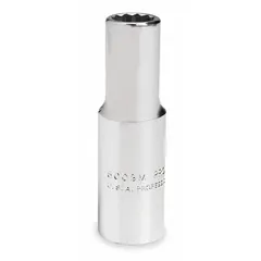 This 3/8" drive hand socket features a 19 mm 12-point deep configuration, constructed from chrome for corrosion resistance. The deep design allows access to recessed fasteners, while the 12-point profile provides multiple engagement angles. Suitable for fastening and loosening metric hex fasteners in industrial maintenance, automotive repair, and assembly applications.