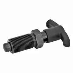 This locking T-handle indexing plunger from JW WINCO features a steel body and plunger with a 1/2"-13 thread. It is used in jigs, fixtures, and assembly lines for precise positioning and locking of moving parts in industrial machinery.