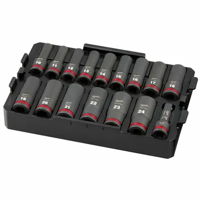 MILWAUKEE Socket Set: 1/2 in Drive, 15 Piece, 6-Point, Metric/SAE - SAE & Metric Socket Sets with Drive Tools