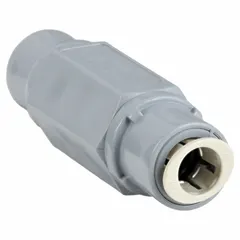 This PVC ball check valve features an inline valve body and standard configuration. It uses a spring-loaded ball to prevent backflow in piping systems. Suitable for water, chemicals, or air applications where a 3/8 in pipe size is required.