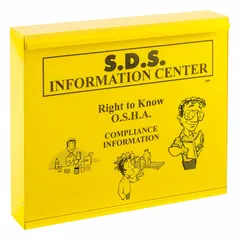 This safety station stores and displays Safety Data Sheets and compliance documents. It mounts on a table top or wall, with overall dimensions of 26 1/2 in width, 5 in depth, and 22 1/2 in height. Mounting hardware is not included.