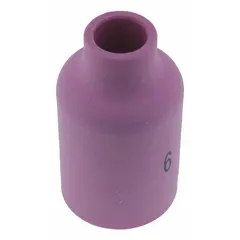 Gas lens nozzle for TIG welding, made of alumina. Model No. 6 Long. Sold in a pack of 10. Used to improve shielding gas coverage and reduce turbulence in welding applications.