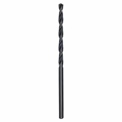 Black oxide high-speed steel jobber-length drill bit with a 135° split point and parabolic flute design. The split point reduces walking and eliminates the need for a center punch. Parabolic flute geometry enhances chip evacuation in deep-hole drilling applications. Suitable for general-purpose drilling in metal and wood.