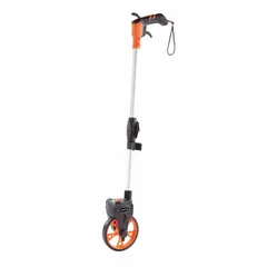 Hand-operated measuring wheel with a 9,999 ft range and SAE (feet) measurement. Features a spoked single wheel with rubber tread, a foldable adjustable handle with pistol grip, and ABS plastic construction. Suitable for outdoor distance measurement in applications such as irrigation, construction, and landscaping.