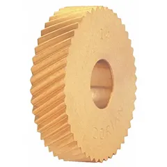 Left-hand diagonal knurling wheel for creating diamond patterns on cylindrical workpieces. Made of high-speed steel with TiN coating. Outside diameter 1 in, hole diameter 5/16 in, M-type. Used in turning and boring operations.