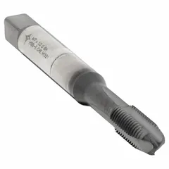 CLEVELAND spiral-point tap for threading steel and stainless steel. M7x1 metric size, 6H tolerance, plug chamfer, 3 flutes. Hardlube coated cobalt construction reduces friction and extends tool life. Spiral point pushes chips ahead, preventing clogging in blind or through holes.