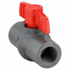 This PVC ball valve is a straight, two-way valve with full port design for minimal flow restriction. It features FNPT x FNPT connections and a tee handle for visual position indication. Suitable for on/off control in water, chemical, and pneumatic systems.