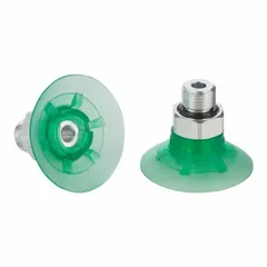 Flat type vacuum pad assembly for packaging industry applications. Pad diameter 43.7 mm, height 22.2 mm. Material: Elastodur ED, green, hardness 65 Shore A. Suitable for lifting and handling boxes, cartons, or plastic film in automated pick-and-place systems.
