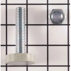 Replacement support leg with nut for Whirlpool washing machines and dryers. Used to level the appliance and reduce vibration during operation.