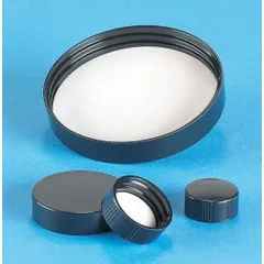 Black phenolic screw cap with rubber liner, designed for narrow-mouth laboratory bottles. Features a 48-400 mm screw closure size and is autoclavable. Complies with ASTM E982 standards. Suitable for sealing media, reagents, or samples in laboratory settings.