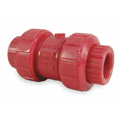 This inline ball check valve features a PVDF body and ball, with 1-inch FNPT x FNPT connections. It is used to prevent backflow in piping systems handling corrosive fluids, suitable for chemical processing and industrial plumbing applications.