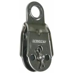 Fixed-eye pulley block for pulling operations. Nylon sheave with 316 stainless steel housing and sleeve bearing. Working load limit 990 lb, compatible with 1/8 in wire rope. Suitable for rigging and industrial pulling applications.