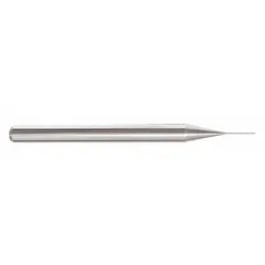 Solid carbide ball end mill with a 5/64" mill diameter, 4 flutes, 1/2" length of cut, and 2-1/2" overall length. Pencil-neck design provides access to deep cavities. Used for precision contouring, 3D profiling, and slotting in hardened steels and non-ferrous materials.