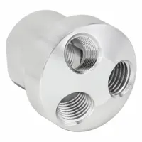 The AMFLO 3406 is an aluminum air gun manifold with a 1-1/2 in overall length. It features a 3/8 in FNPT primary connection and a 1/4 in FNPT secondary port. Used in compressed air systems to distribute air to multiple tools or blow guns in industrial settings