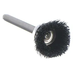Mounted straight cup brush with 1/2 in diameter, nylon bristles. Suitable for cleaning, deburring, and surface finishing on metals, plastics, and wood when used with rotary tools.