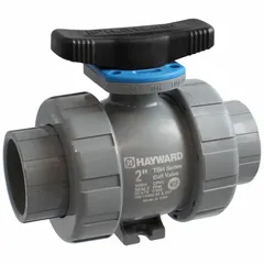 This manual two-way ball valve features a vented-ball design that relieves internal pressure when closed, suitable for industrial piping systems handling corrosive fluids. Constructed of PVC with a straight configuration and locking tee handle, it is rated for a maximum pressure of 250 psi (CWP).