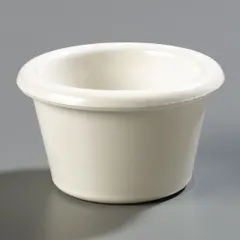 This 1.5 oz melamine ramekin in Bone color is NSF Certified for commercial foodservice use. Suitable for serving condiments, sauces, or small sides in cafeterias, buffets, and catering operations. Not microwaveable, oven safe, or dishwasher safe.