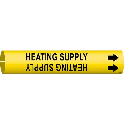 BRADY Pipe Marker: Heating Supply, Yellow, Black, Fits 3/4 to 1 3/8 in Pipe O.D. - Heating Supply Snap-On Pipe Markers