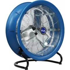 Stationary floor fan with 21-inch polypropylene blade, 115V AC, 1/3 hp direct-drive motor. Suitable for general ventilation and cooling in workshops, warehouses, and manufacturing facilities. Complies with UL 507.