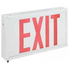 Steel LED exit sign with two illuminated faces, red lettering on white housing, and universal field-selectable chevrons for ceiling, end, or wall mounting. Operates on 120/277 V AC with nickel-cadmium battery backup. Suitable for life-safety compliance in facilities requiring emergency egress lighting.
