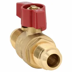 This brass ball valve features a straight body with flare x flare ends and a two-piece construction. It is operated manually via a tee handle. Typical applications include fluid flow control in plumbing, HVAC, and instrumentation systems where leak-tight connections are required.