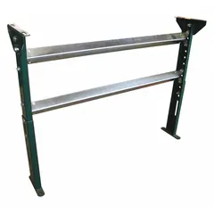 This permanent mount H-style conveyor support stand is designed for use with conveyor systems having a 22 in between frame width. Constructed from steel with a green finish, it provides adjustable height from 67 in to 79 in. Suitable for supporting material handling lines in industrial settings.