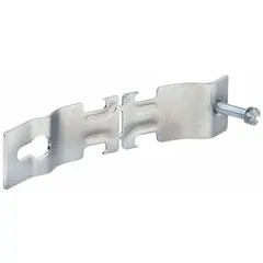 Steel conduit clamp with electroplated silver finish for securing 1 in RMC to structural surfaces. Suitable for indoor electrical installations requiring corrosion resistance.