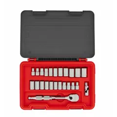 This 25-piece socket set includes standard sockets in a 1/2 in drive, covering sizes from 9 mm to 23 mm for both metric and SAE fasteners. It is suited for general maintenance, repair, and assembly tasks in industrial environments.
