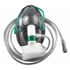 Disposable non-rebreather mask made from PVC, designed for high-concentration oxygen delivery in medical and emergency settings. Meets FDA standards for safety and performance. Single-use only.