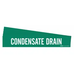 Green pipe marker with white legend text reading 'Condensate Drain'. Designed for pipe outer diameters of 8 inches and larger. Supplied without arrows. Pack of 5 markers for identifying condensate drain lines in piping systems.