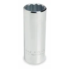 This 1/2" drive hand socket features a 9/16" socket size with a 12-point configuration and deep profile. Constructed from chrome, it is suitable for use with SAE fasteners in applications requiring extended reach and high torque.