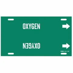 This strap-on pipe marker identifies oxygen lines with a green background and white legend. It fits pipe outer diameters from 8 to 9-7/8 inches and includes directional arrows. Suitable for industrial piping systems requiring clear identification of oxygen content.