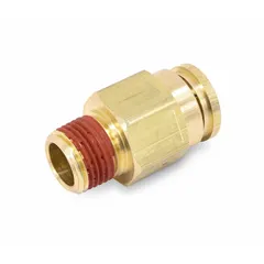 Brass push-to-connect adapter fitting with 1/4 in OD tube size and 1/4 in male NPT thread. Features Vibra-Seal thread sealant for vibration resistance. Used in pneumatic systems and air brake connections for leak-free sealing.