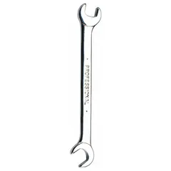 Alloy steel construction with satin finish. Double-end open end design for tightening or loosening SAE hex fasteners. Head sizes 13/64 in and 15/64 in, overall length 3 in. Suitable for general maintenance and assembly tasks where access is limited.