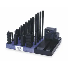 This 50-piece machine clamping kit is designed for 16 mm T-slots and includes M12x1.75 studs. The kit contains four 200 mm studs and features a 25 mm step block width. It is used for securing workpieces on machine tables during milling, drilling, and other machining operations.