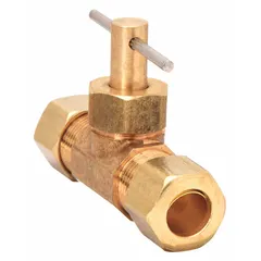 This brass straight-body needle valve features compression x compression connections for 3/8 in pipe. Designed for water media, it complies with NSF 61 Annex G standards for drinking-water system components. Suitable for flow regulation in plumbing and fluid-handling systems.
