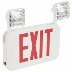 White plastic exit sign with two red LED faces and universal field selectable chevrons. Operates on 120/277V AC with nickel cadmium battery backup. Designed for ceiling or wall mounting in commercial egress applications.